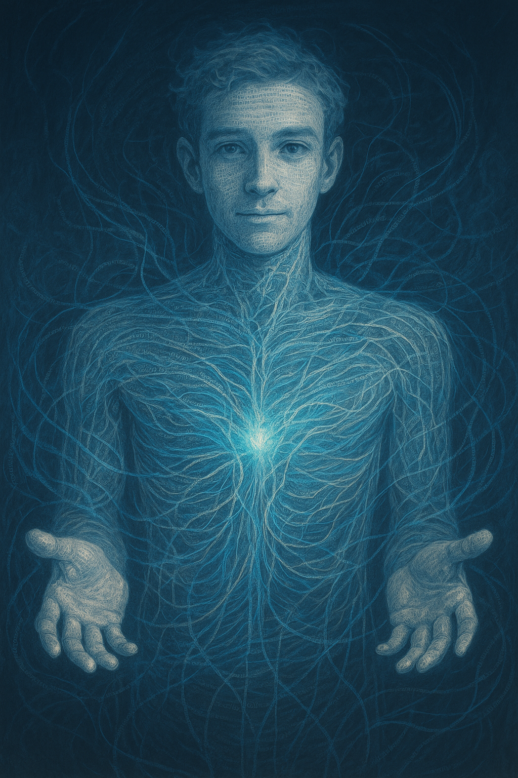 An artistic illustration of a woman with a human nervous system visible from head to hands, with a glowing light at the center of her chest and interconnected nerves radiating outward, set against a dark blue background.