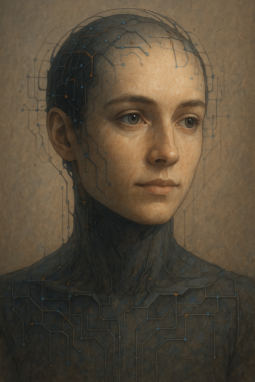 Digital artwork of a young woman with short hair, displaying a futuristic and cybernetic aesthetic with circuits overlaid on her head and neck.