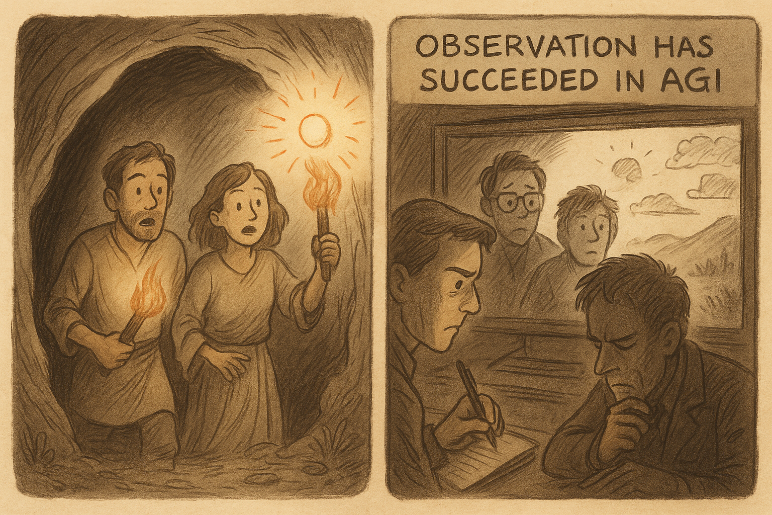 Two people holding torches are in a dark cave, looking surprised as they explore. On the right, a man at a desk is taking notes while three others observe a landscape scene with mountains and clouds, with a sign that reads 'Observation has succeeded in AGI'.