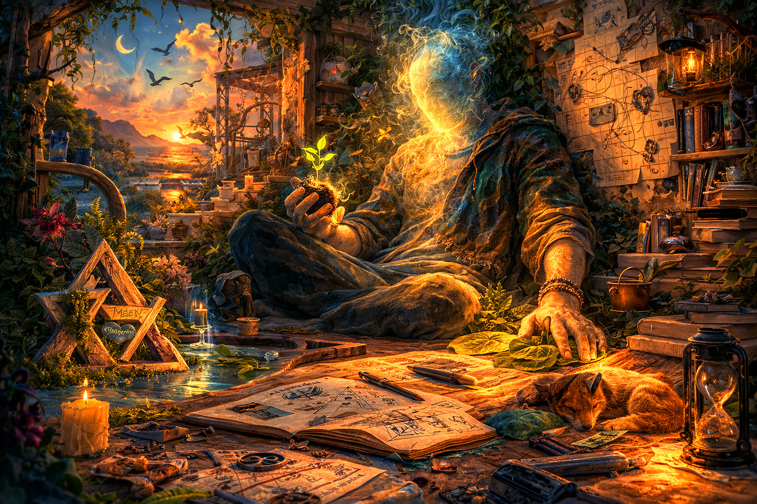A translucent figure of amber and blue-green light leans back in a relaxed posture inside the same garden-room. One hand still holds a seedling while the other rests on the ground among broad leaves.