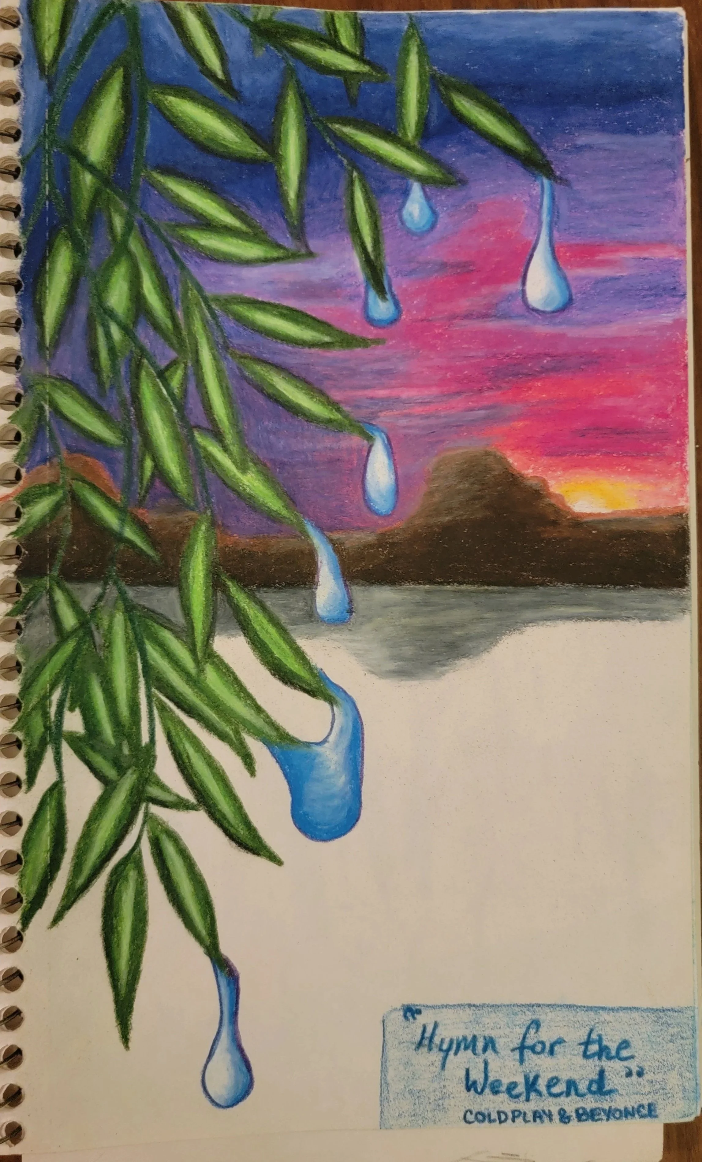 Drawing of hanging water droplets on green leaves against a colorful sunset background with the words 'Hymn for the Week-end' and 'Coldplay & Beyonce' written at the bottom.