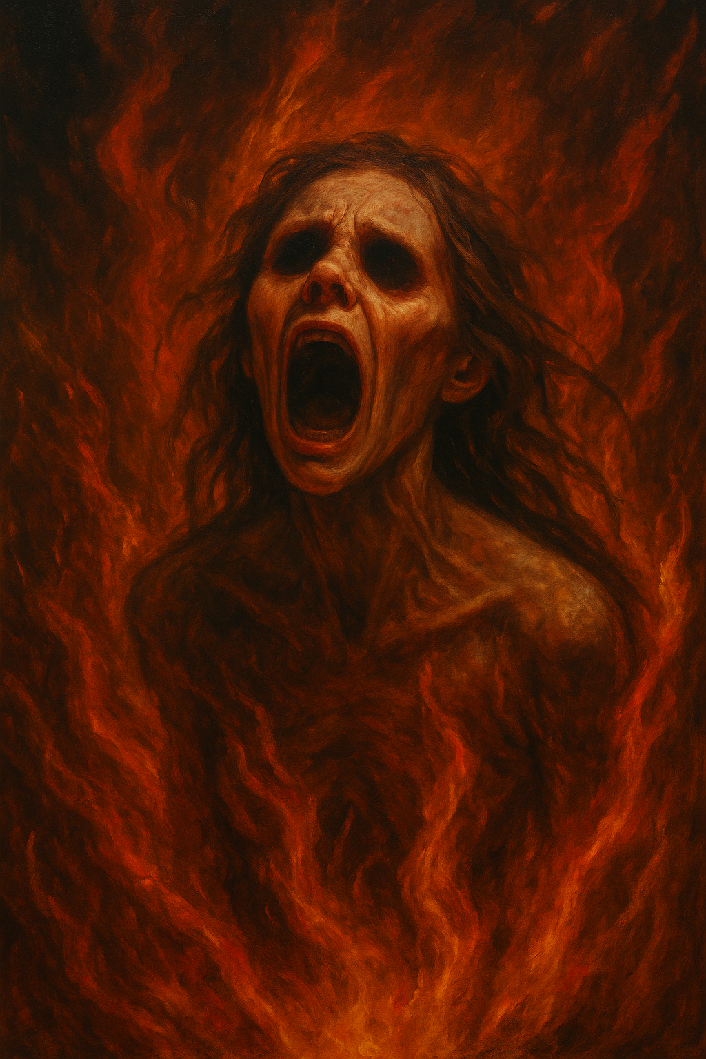 A painting of a woman with long, brown hair, her mouth wide open and her eyes dark and hollow, surrounded by fiery flames.