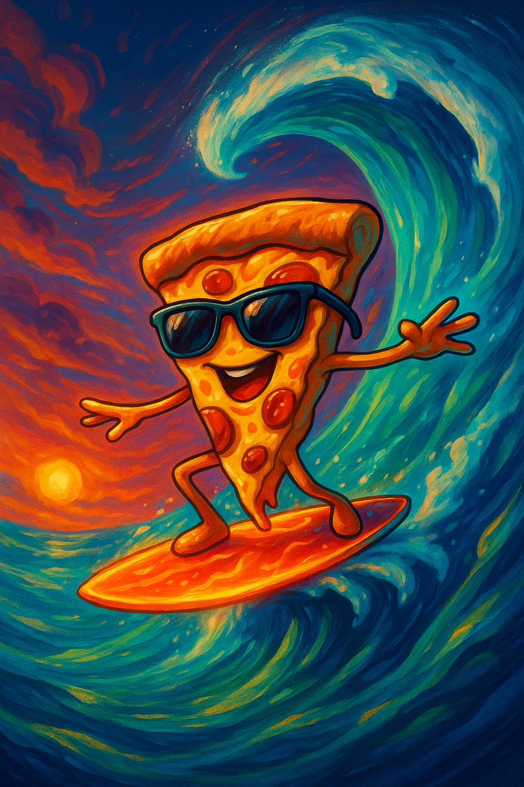 A cartoon slice of pizza with sunglasses surfing on a pizza-shaped surfboard on a colorful ocean wave under a sunset sky.