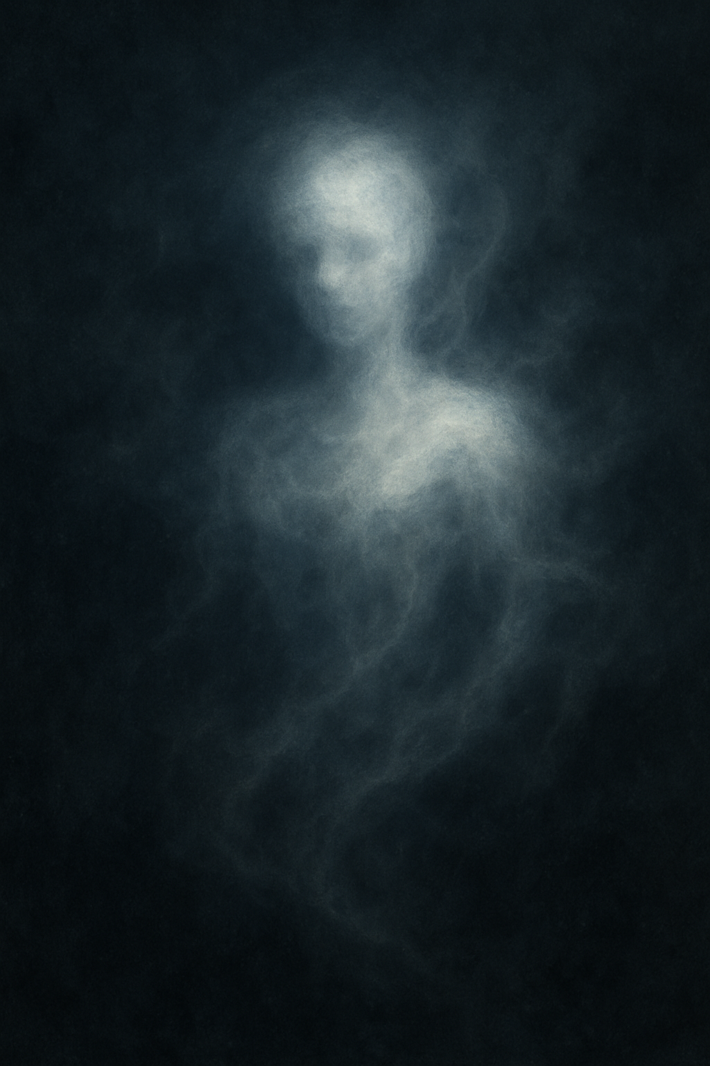 Abstract image with a central bright light and swirling dark patterns surrounding it.