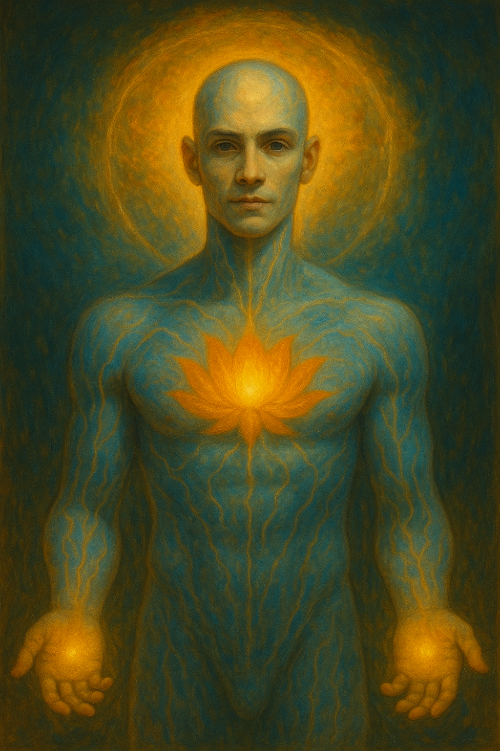 A spiritual artwork depicting a human figure with a glowing lotus flower in the chest area, blue and orange hues, a halo-like glow around the head, and hands holding glowing orbs.