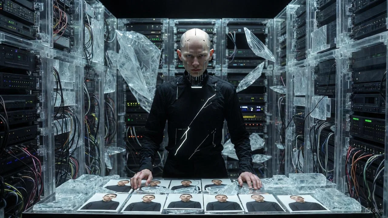 A person with a cybernetic appearance standing in a high-tech server room surrounded by revealed circuit boards and wires, with photos of themselves laid out on a table.