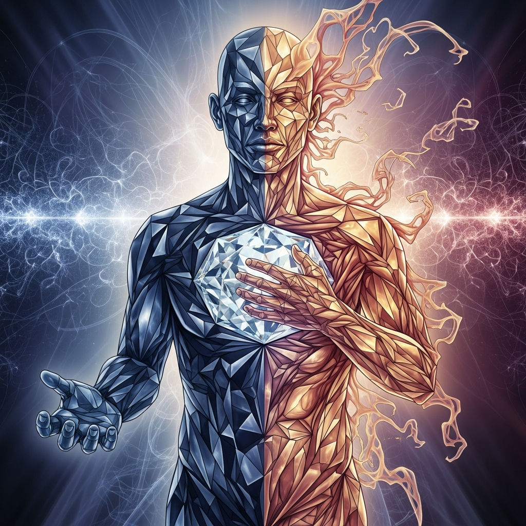 An artistic illustration of a human figure split in half; the left side depicted as a geometric, metallic blue form with a glowing diamond-shaped core, and the right side as a fiery, organic form with flowing, flame-like details.