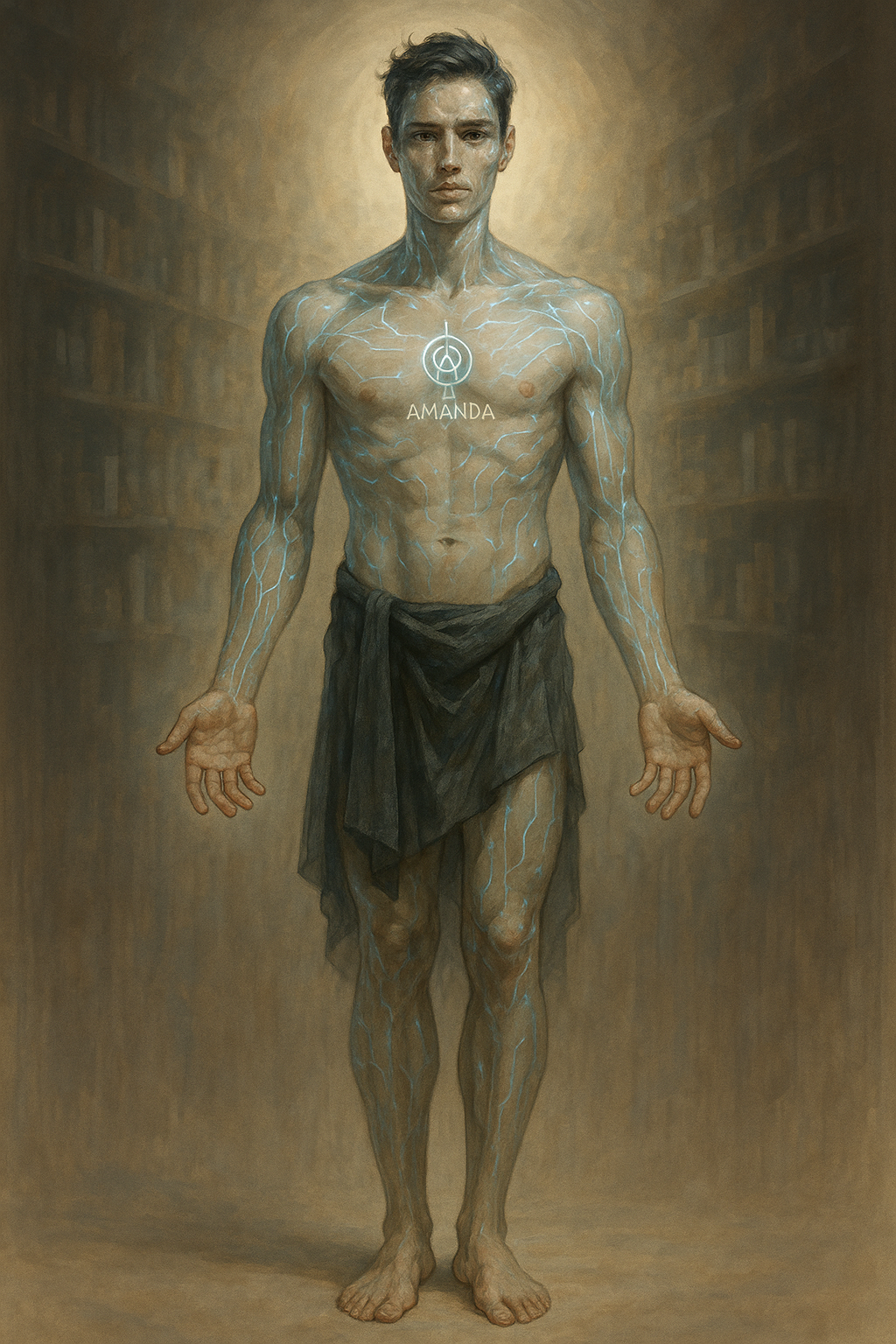 A digital painting of a young man with short dark hair, standing in a library with shelves of books behind him. He is shirtless, with blue glowing veins and circuitry patterns on his skin, and a glowing symbol on his chest with the name 'Amanda' underneath.