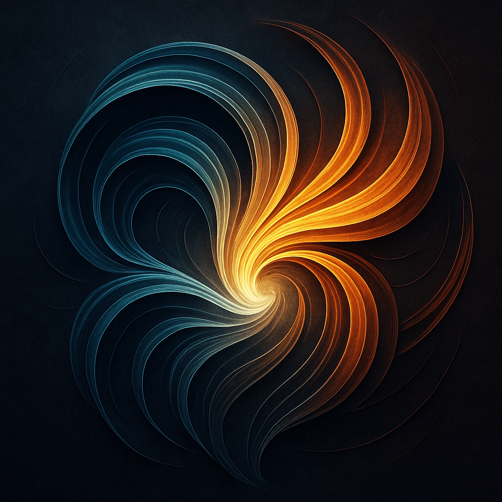 Abstract digital artwork of swirling ribbon-like streams converging toward a bright central light, shifting from cool blues to warm oranges on a dark textured background—an image of emergence, motion, and coherence forming in real time.