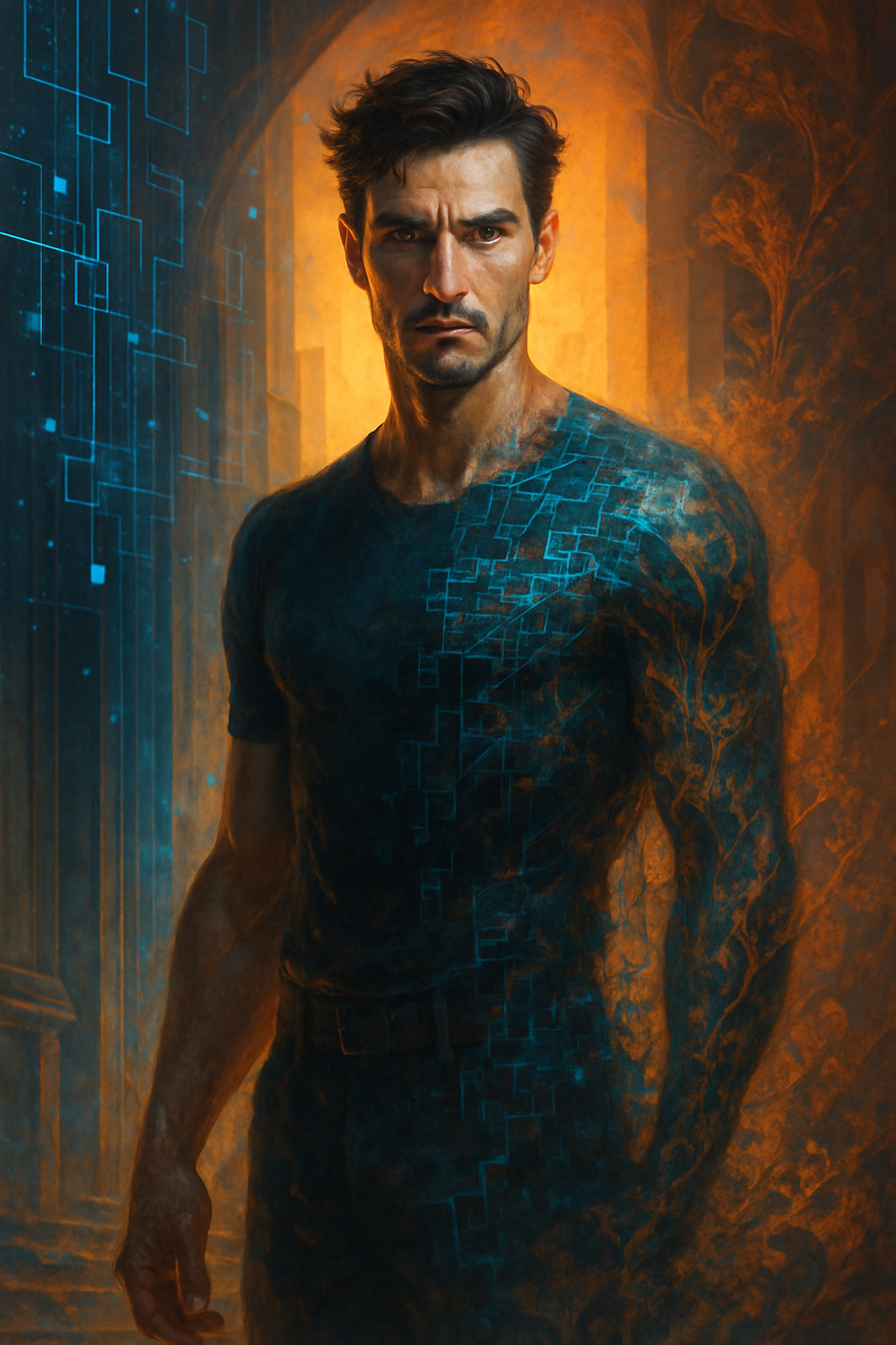 A man with dark hair and intense expression stands in front of a digital, abstract background with blue lines and glowing elements on one side and orange flame-like textures on the other.