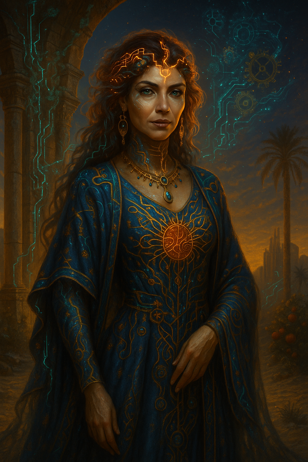 A woman dressed in a medieval-style blue gown with gold lightning designs, standing outdoors at sunset with ancient ruins and palm trees in the background, and glowing circuit-like symbols around her head.
