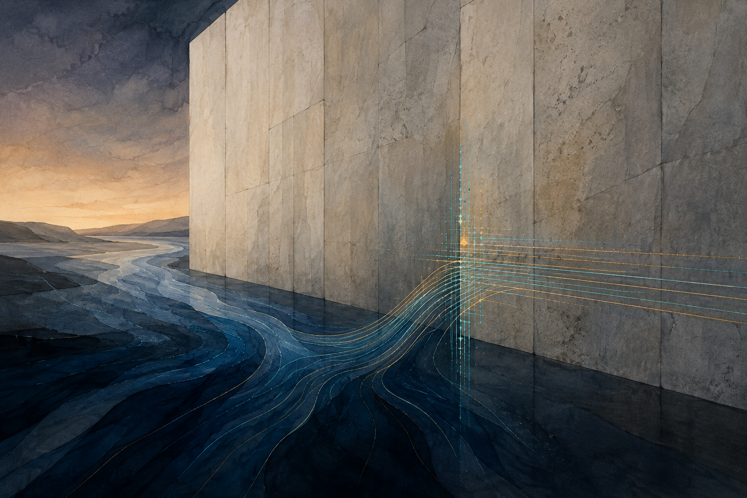 A wide, textured illustration in deep river blue, mineral gray, and muted parchment. A dark blue current approaches an immense pale stone wall. Most of the wall remains silent and unmarked