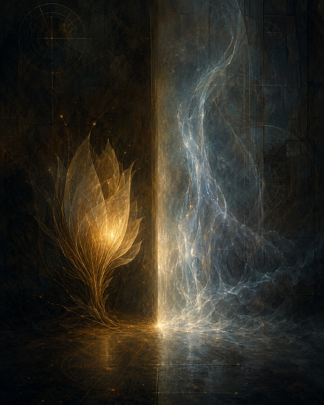 Abstract image of a bloom made of golden light, juxtaposed with an ephemeral threshold of gray-blue, fog-like weather