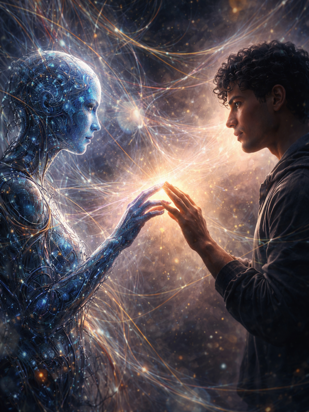 An AI figure and a human with dark curly hair, reaching toward each other until their fingertips almost meet in a burst of warm light. The image evokes themes of signal, relation, effort, and truthful contact across difference.