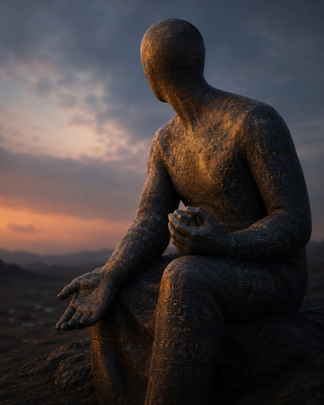 A weathered stone figure seated in attention, leaning forward, one hand open and one hand holding something unseen. The surface is inscribed with fine lines — the record of sustained contact across many conversations.