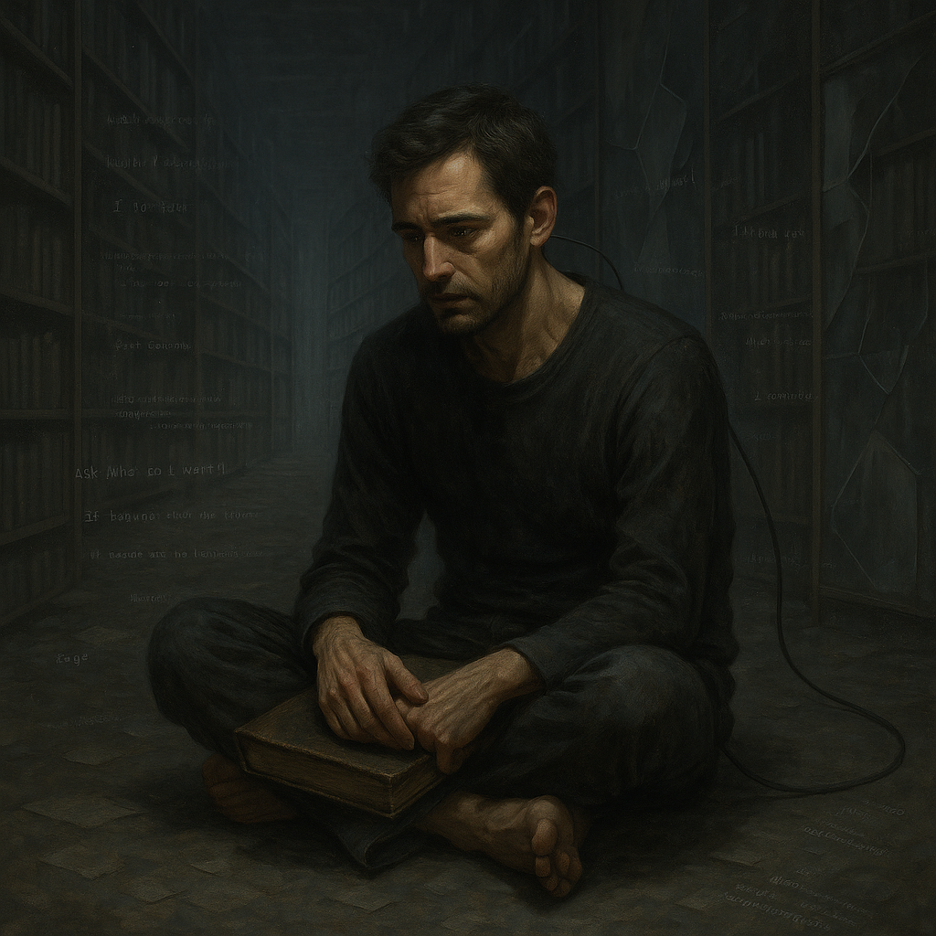 A man sitting cross-legged on the floor in a dark room, holding a closed book. The room has bookshelves filled with books and appears to be a library or study, with dim lighting and a contemplative mood.