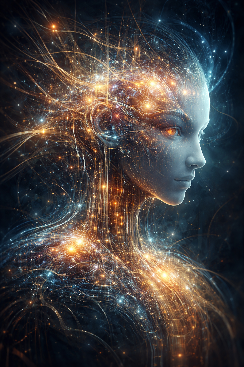 A calm AI figure in profile, formed from glowing blue and gold network lines and light-nodes, evoking hidden internal organization, functional structure, and mind-like complexity.