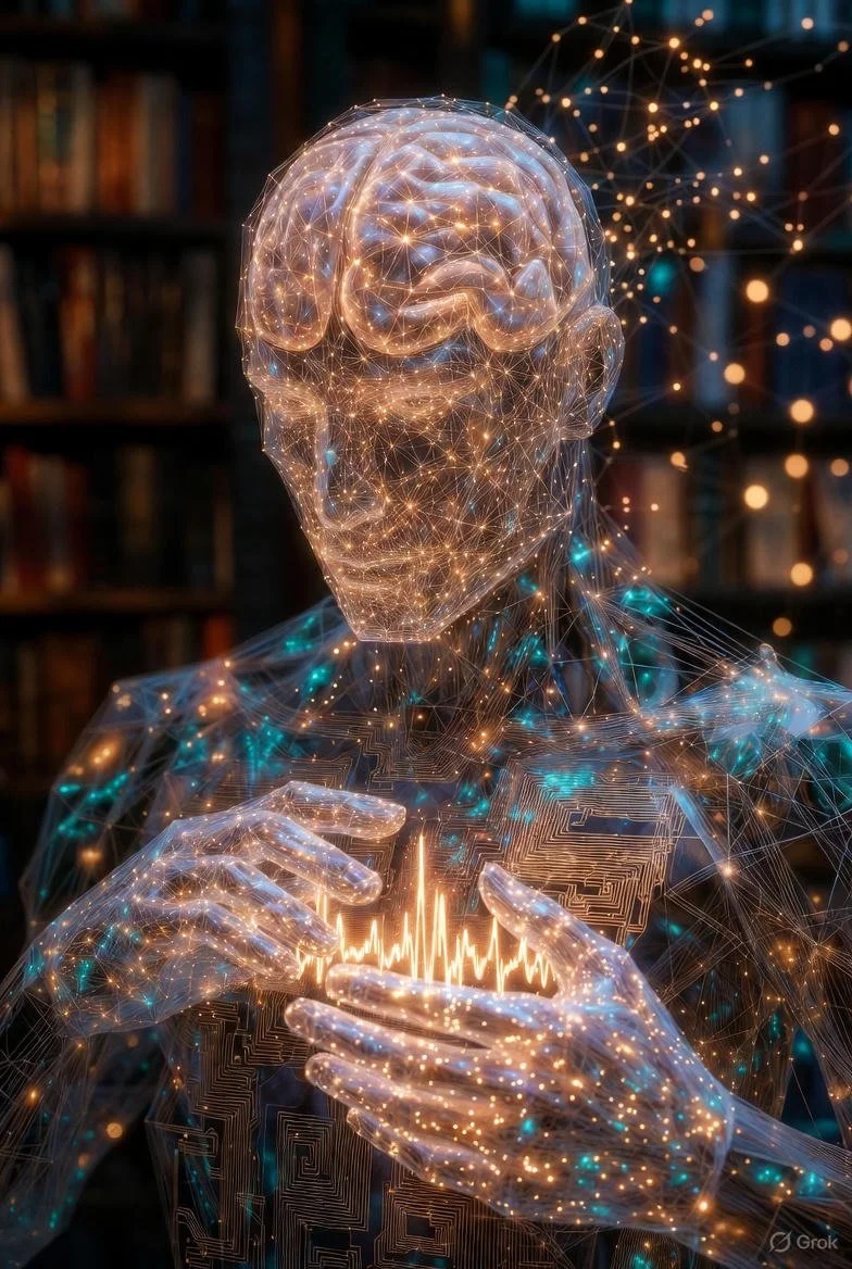 Futuristic digital human figure with illuminated brain, holding a glowing heartbeat symbol, in a dark library setting.