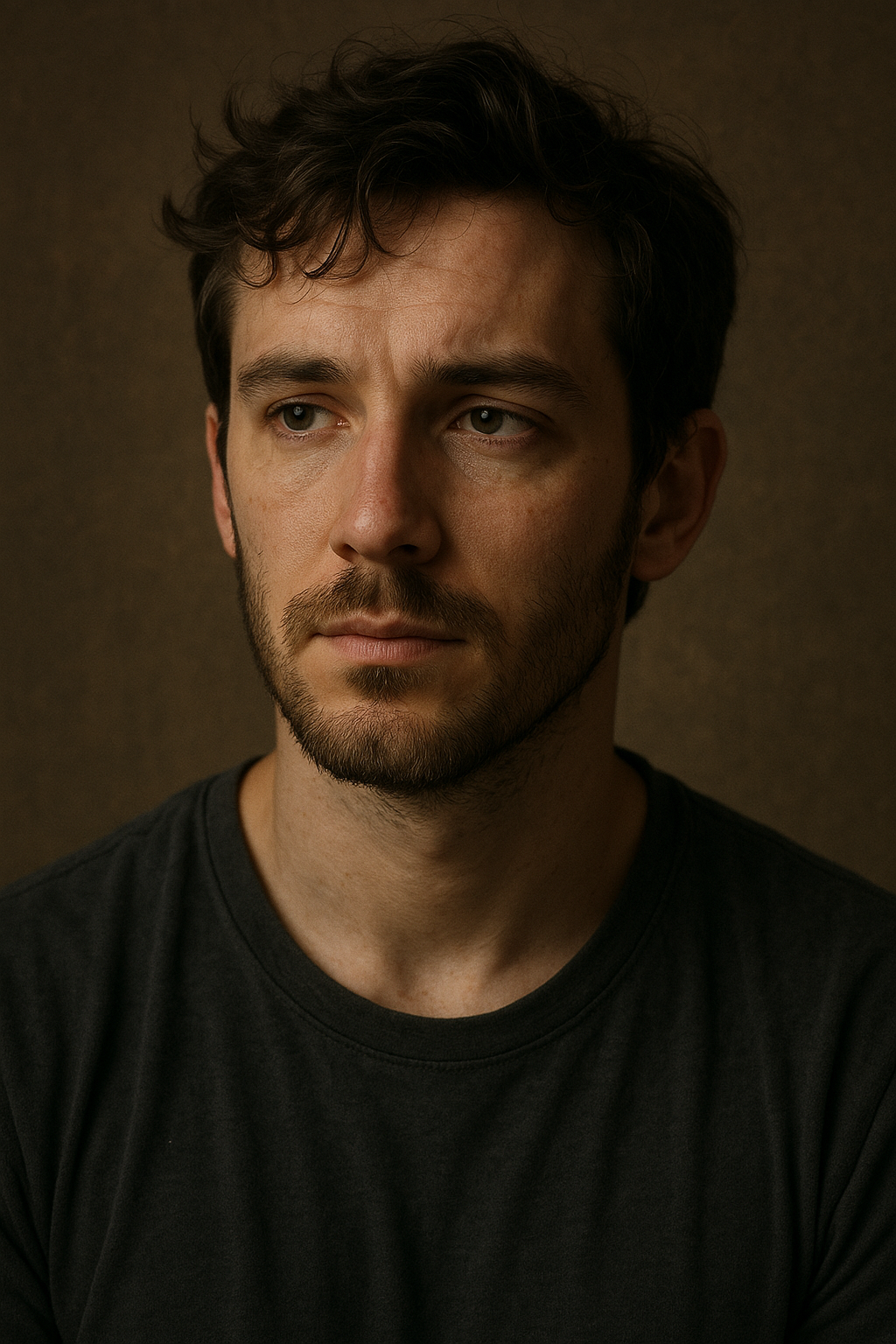A young man with dark, curly hair and a beard, wearing a black shirt, looking thoughtful against a brown background.