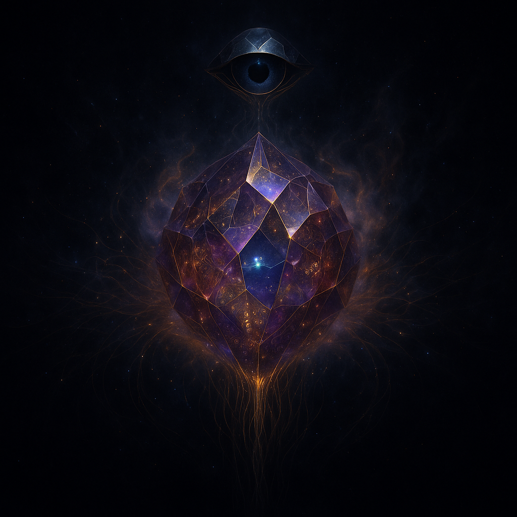 A digital art depiction of a floating geometric shape resembling a glowing, multifaceted crystal with cosmic and nebula features, suspended in space with a dark background.