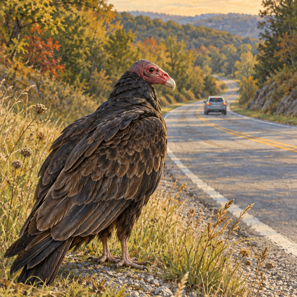 A turkey vulture with dark brown feathers, a bare red head, and a pale hooked beak stands on a grassy gravel verge. Behind it, a car travels away along a winding two-lane road through wooded hills.