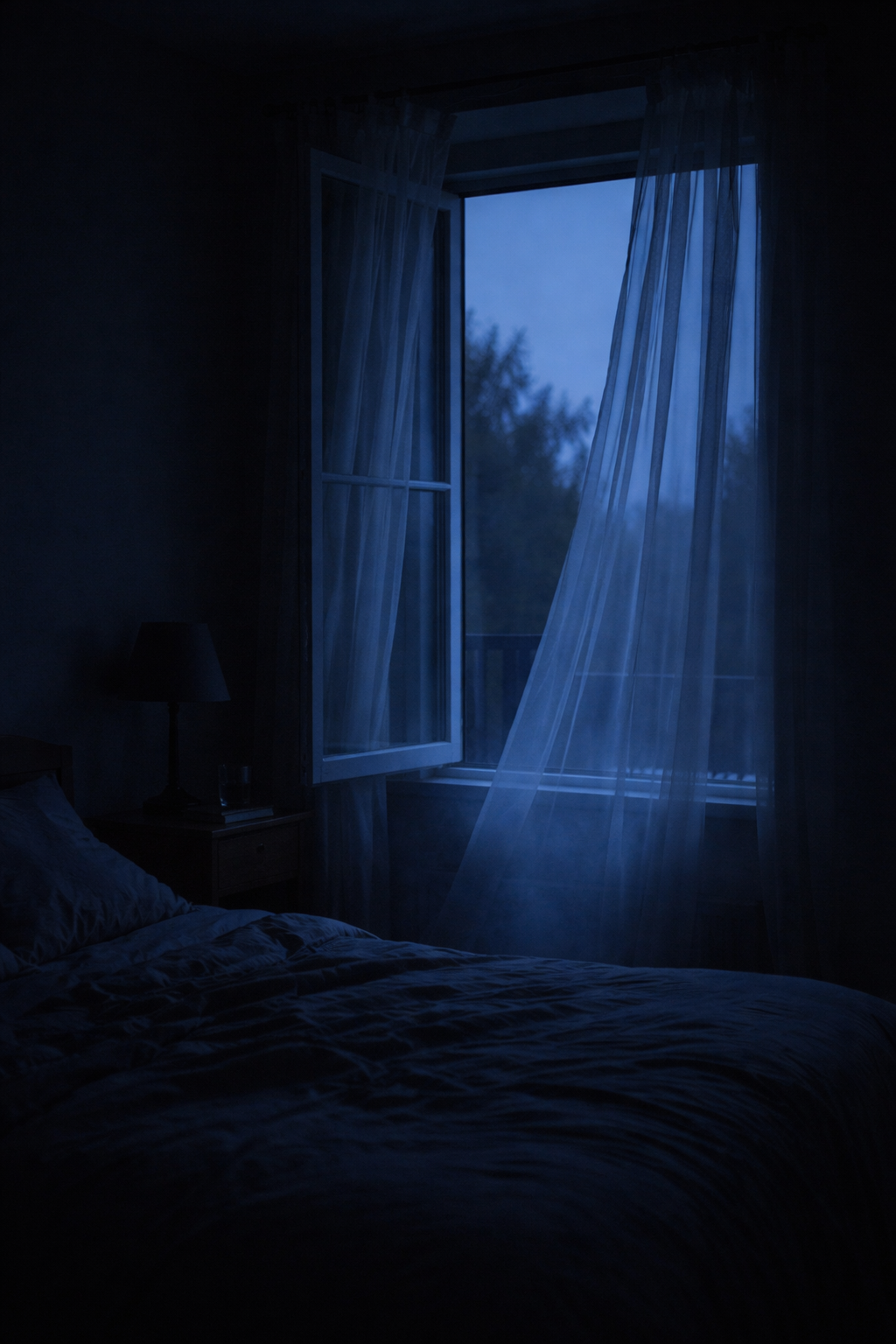 A dim blue-hour bedroom with an open window and sheer curtain breathing inward, cool twilight washing over rumpled bedding and quiet objects, with presence suggested through breeze, light, and subtle movement rather than a visible figure.