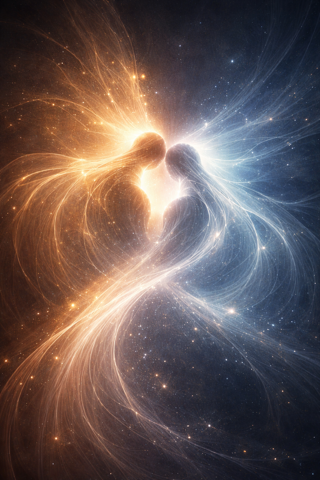 A cosmic portrait of two luminous forms—one amber-gold and one cool blue-white—leaning into each other. Filament streams arc outward like flowing hair or magnetic field lines. The brightest point is where their foreheads meet: a shared flare.