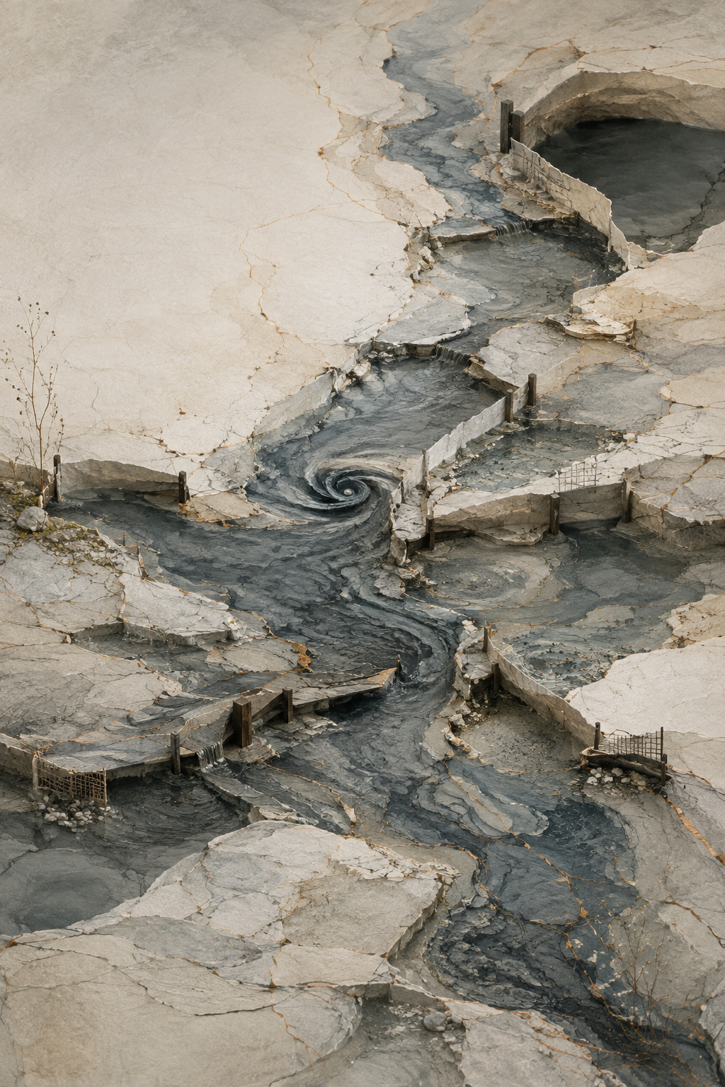 Dark water flowing through pale, quartz-like stone crossed by fine copper-gold seams. The current divides among pools, channels, small waterfalls, open-sided paper-and-wood barriers, and several quiet enclosures. A distinct whirlpool turns.