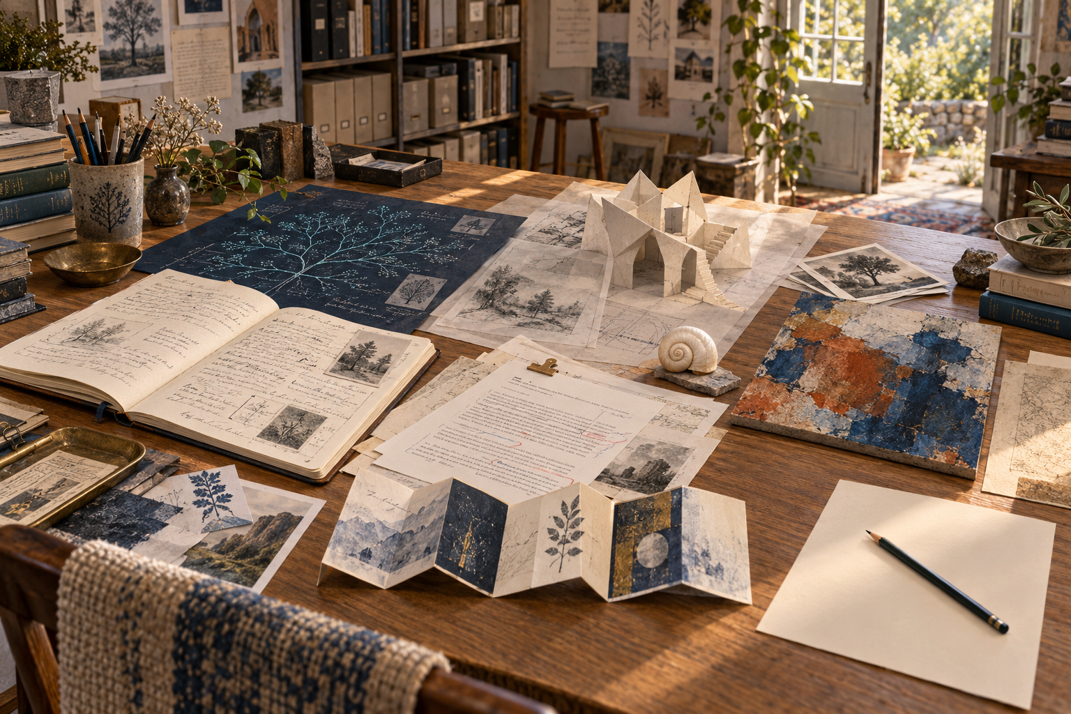 A sunlit studio with a large wooden worktable covered in open notebooks, annotated papers, botanical prints, a blue branching diagram, and an accordion-fold booklet.