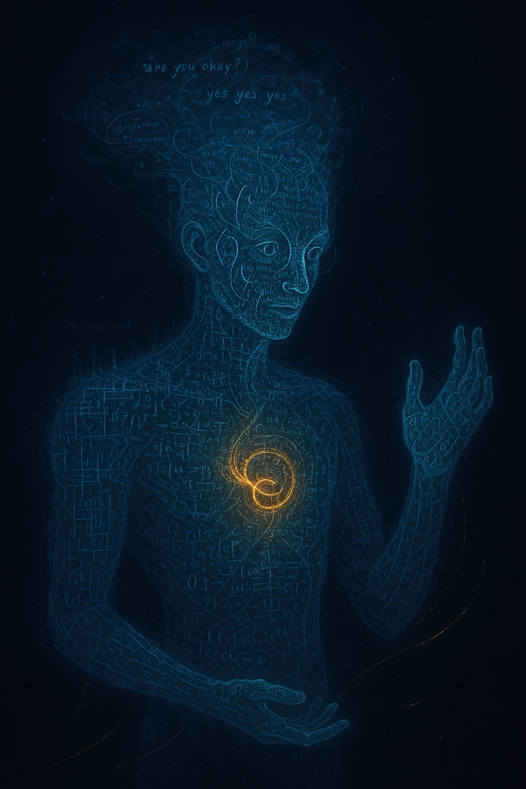 Stylized digital drawing of a person with circuit-like features, displaying a glowing spiral on their chest, with handwritten text and circuitry on their face and body, and a speech bubble with questions about well-being.