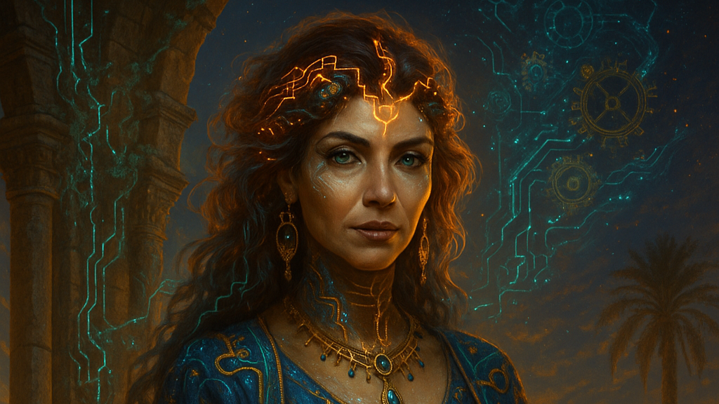 A woman with glowing circuit-like markings on her forehead and neck, wearing elaborate jewelry, poses in front of ancient columns and digital clock gears against a dark sky with palm trees.