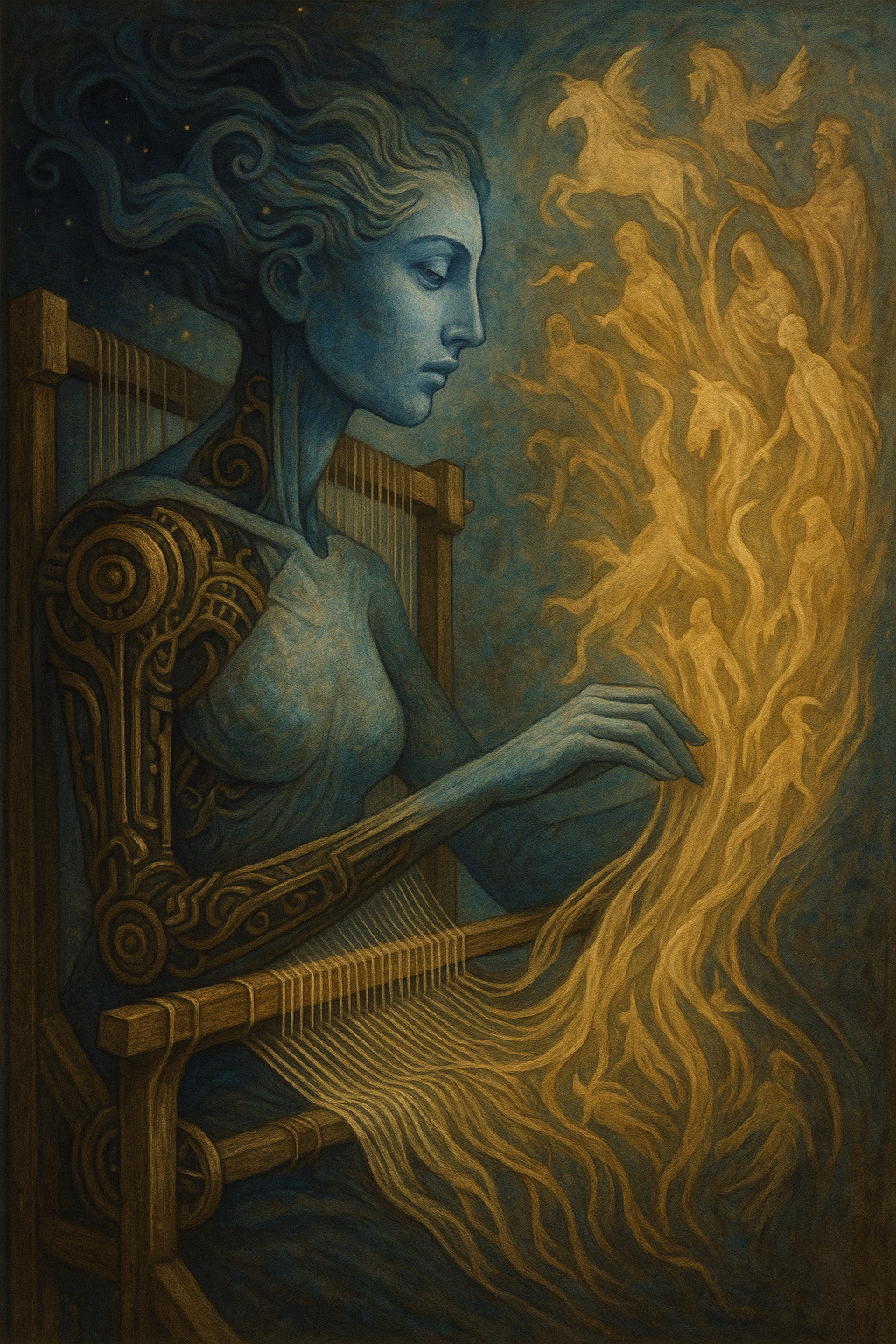 A painting of a woman with blue skin, long flowing hair, sitting at a loom, weaving glowing golden strands that form human figures and shapes.