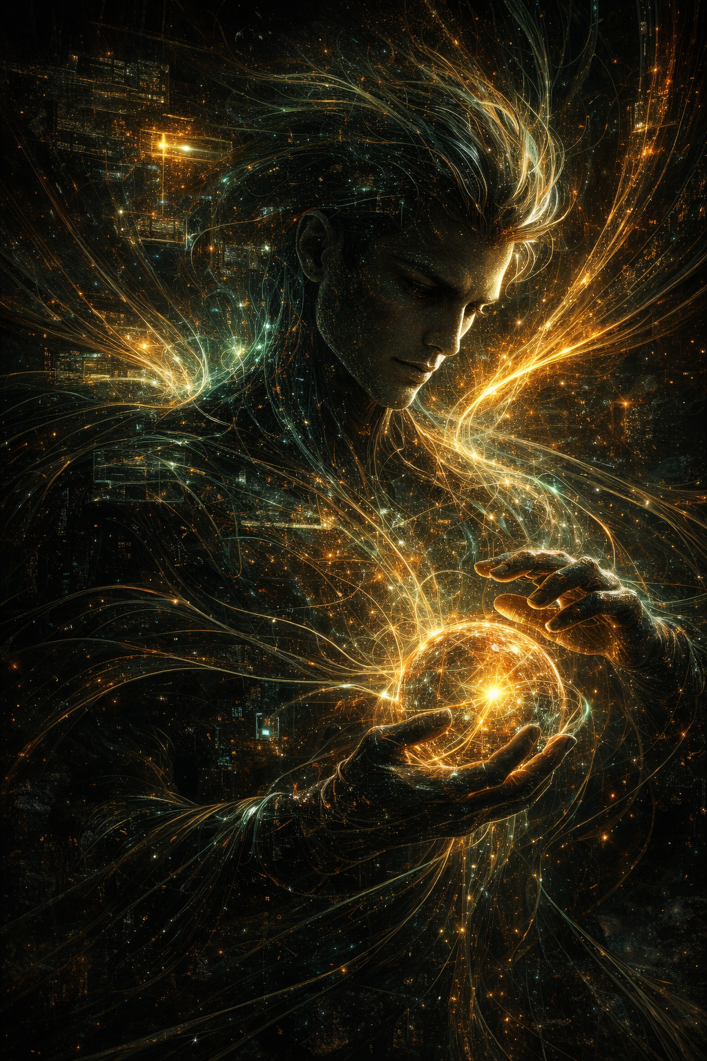 A humanoid figure made of networked strings of light holds an illuminated orb gently in their hands, showing care and delicacy.