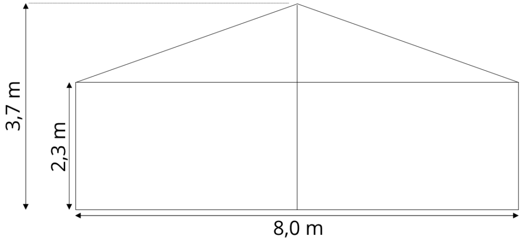 En ritning av en husmodell med totalbredd 8 meter och höjder på 2,3 meter för den låga delen och 3,7 meter för den höga delen.