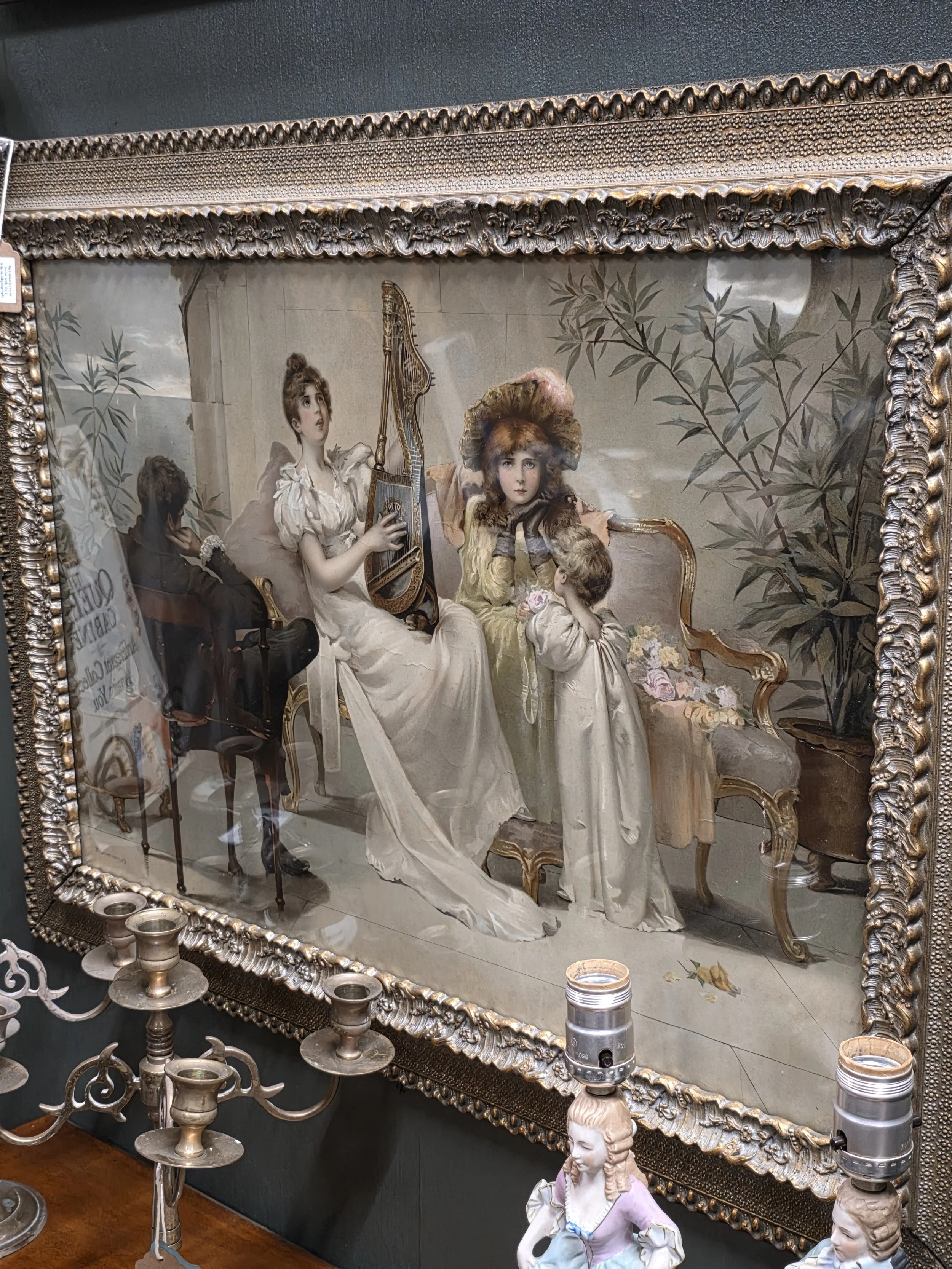 Victorian Interior Scene with Harp — Chromolithograph