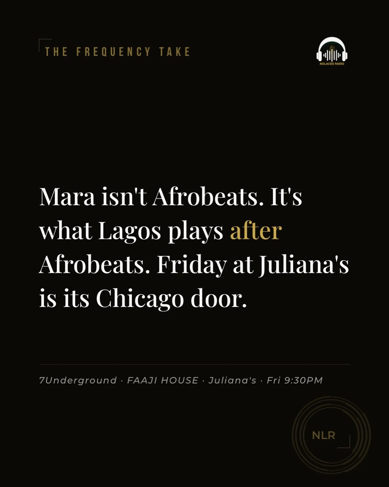 7Underground Experience Chicago. Friday night at Juliana&rsquo;s, 3001 W Peterson. FAAJI HOUSE &times; 7UNDERGROUND HOU &mdash; Mudboy, DJ KO, Matty Montana, DJ Famous Clancy, DJ Dusse.

TrechBeats. Mara. The Lagos late-night rave format in Chicago f