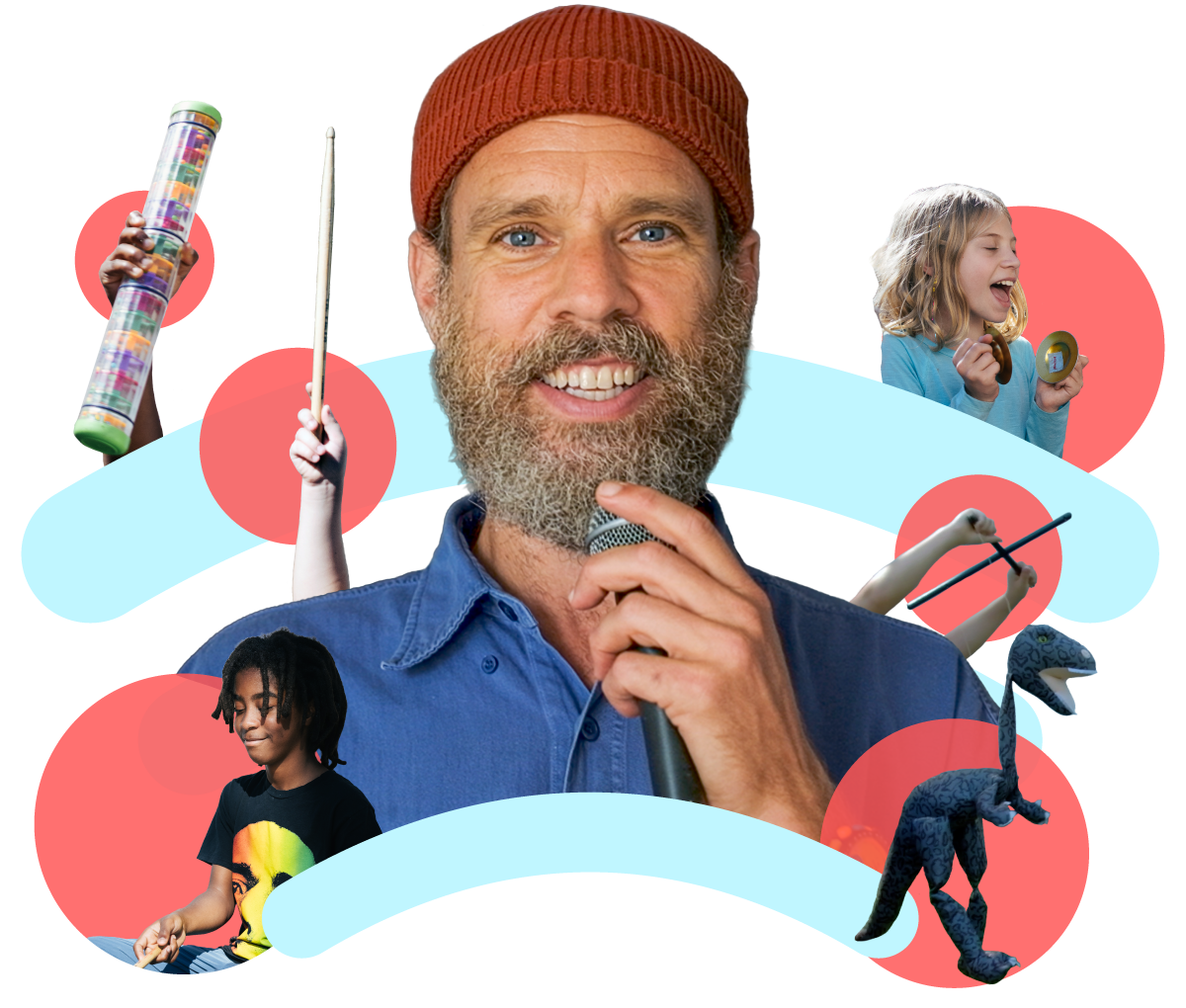 A man with a beard holding a microphone and smiling, surrounded by children playing with toys and holding objects like a toy snake and a book, on a colorful abstract background.