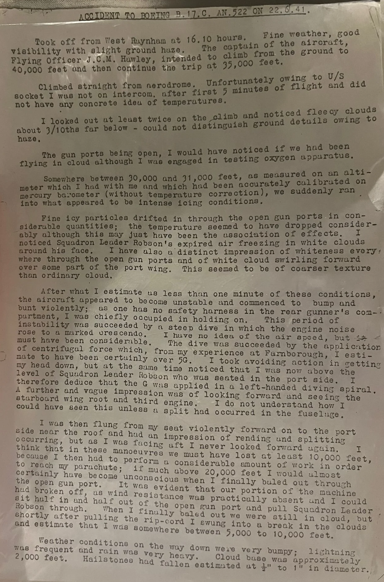 High-Altitude Accident Report, 22 June 1941