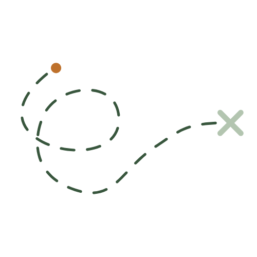 Illustration of a dotted line path with a starting point, a loop, and an ending point marked with an 'X'.