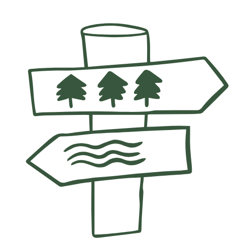 Drawing of a signpost with arrows pointing right and left; the right arrow has pine trees, and the left arrow has wavy lines.