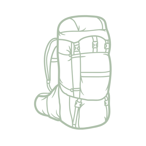 Line drawing of a large hiking backpack with multiple compartments and straps on a dark background.