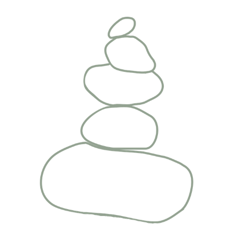 Outline drawing of stacked stones or pebbles, arranged in a balanced tower.