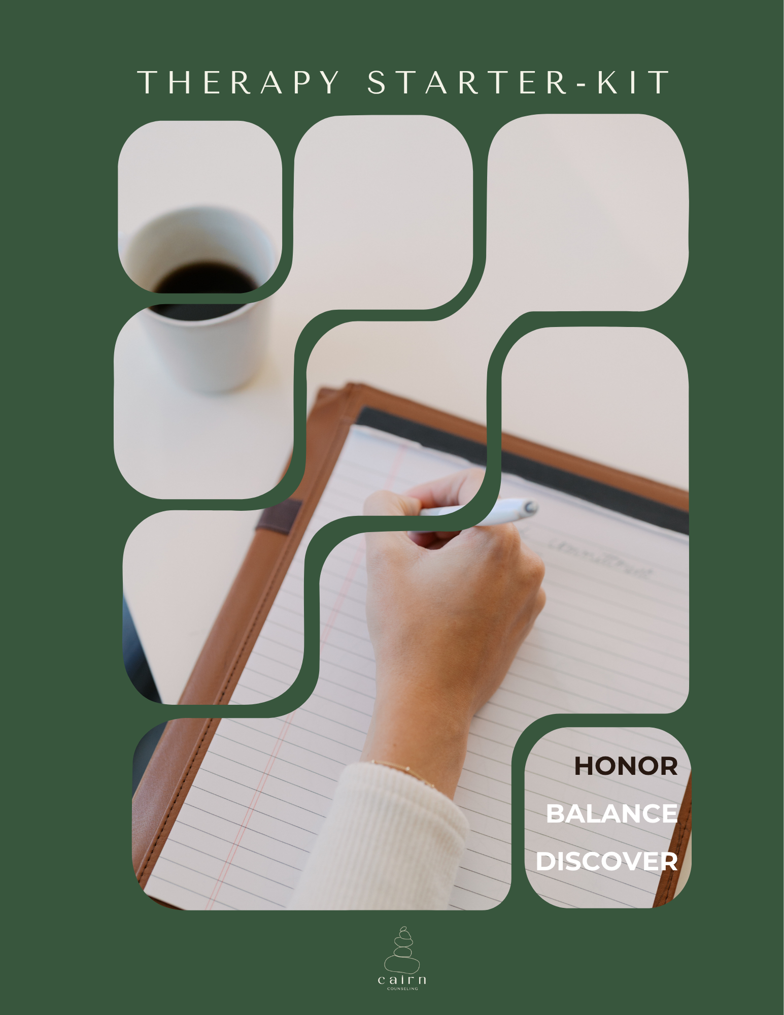 A therapy starter kit with a white coffee mug, a person's hand writing on a notepad, and a list with words like HONOR, BALANCE, DISCOVERY, and more, on a wooden surface.