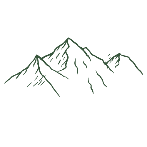Line drawing of a mountain range with three peaks against a black background.