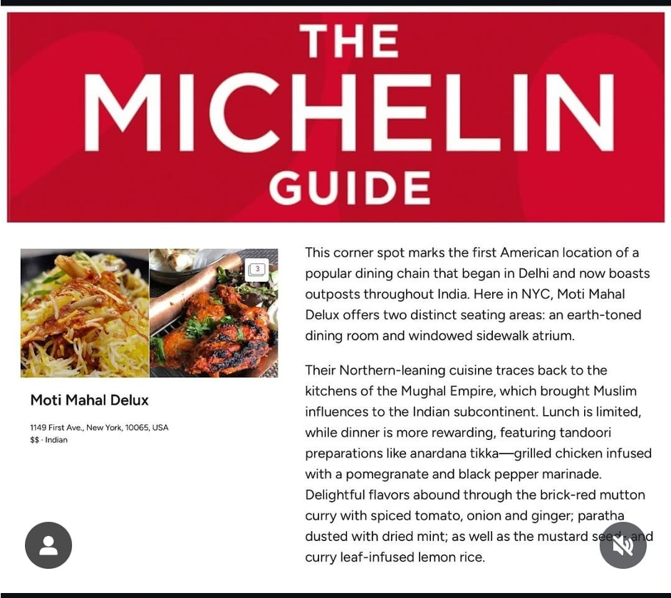 Cover of The Michelin Guide featuring images of Indian cuisine and a description of a New York Indian restaurant, Moti Mahal Deluxe.