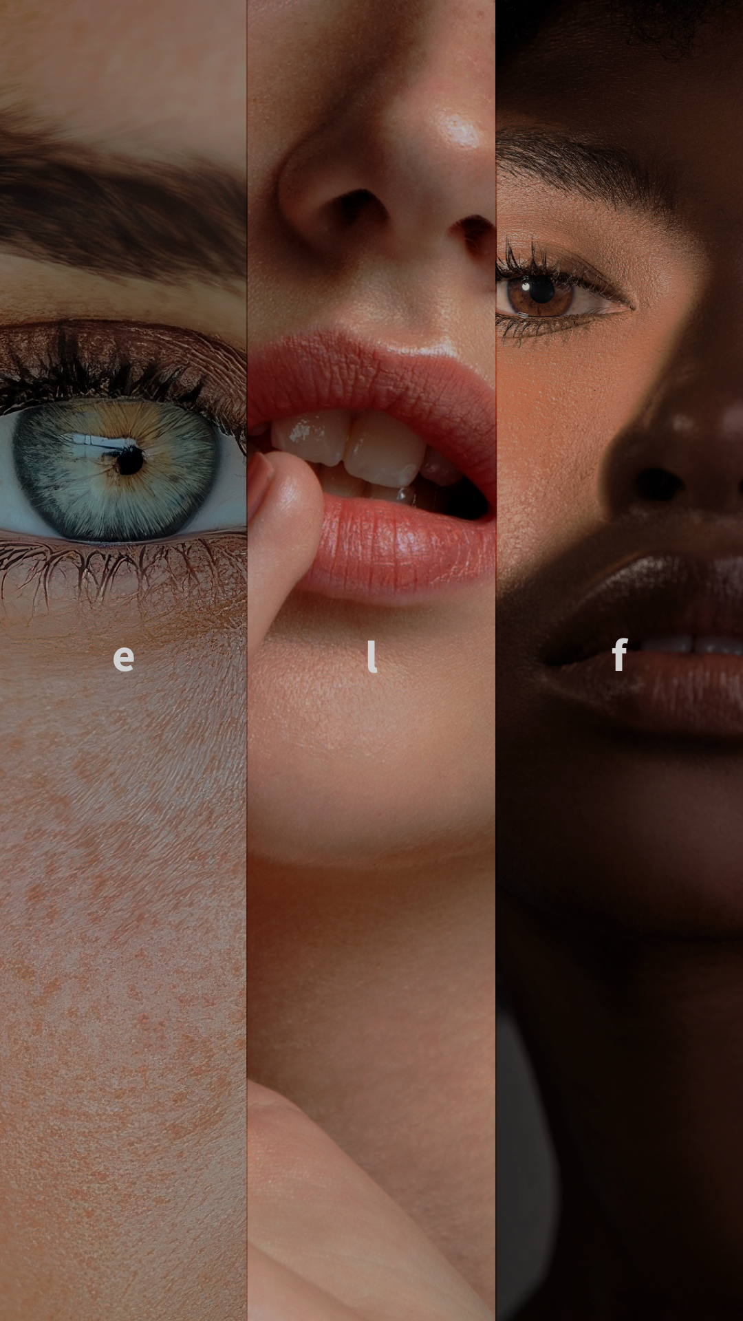 Close-up of three different people's facial features: a blue eye, lips, and a brown eye, arranged side by side with letters e, l, and f overlaying each part.