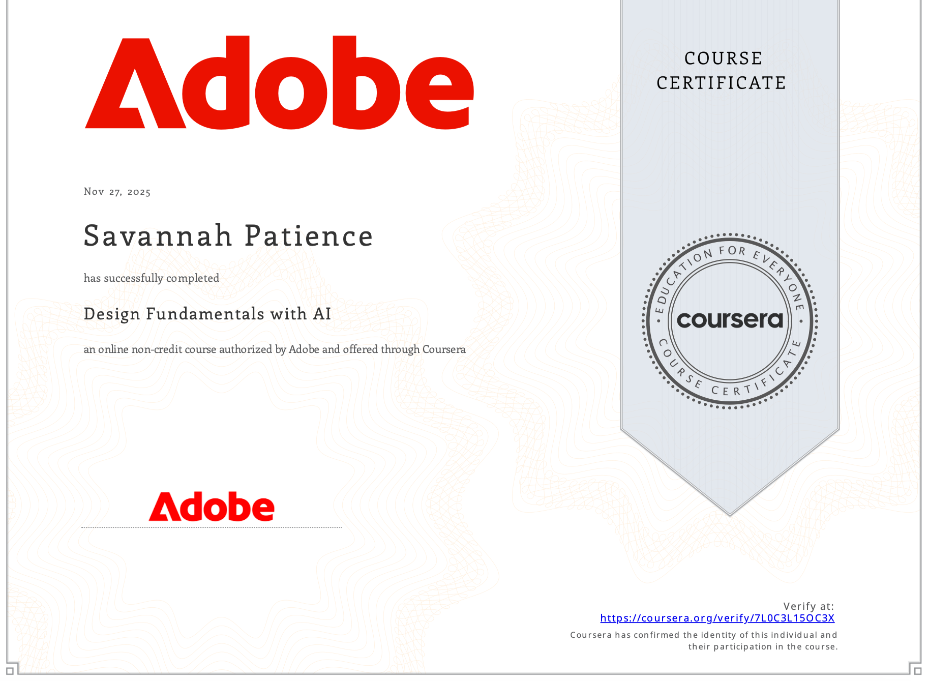 Course certificate for Savannah Patience from Coursera, awarded by Adobe for completing 'Design Fundamentals with AI' course.