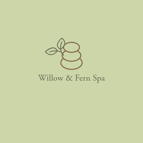 Logo for Willow & Fern Spa featuring stacked stones, leaves, and green background.