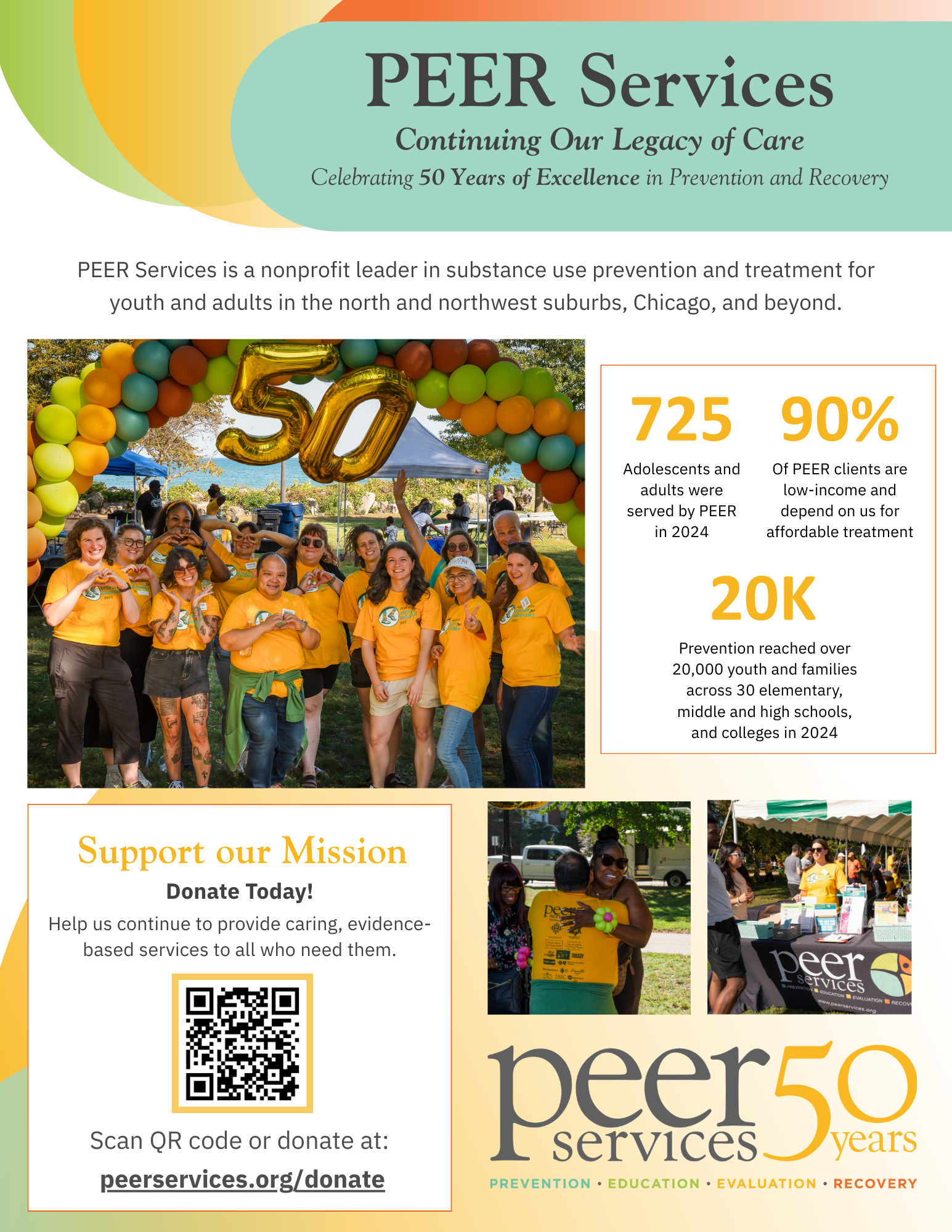 Poster celebrating 50 years of PEER Services, showing a group of people wearing yellow shirts, with balloons forming the number 50 in the background. The poster includes statistics about their services in substance use prevention and treatment, and a QR code for donations.