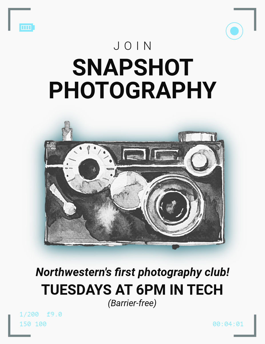 Flyer for a photography club meeting, featuring a black and white watercolor-style camera illustration and text about joining 'SnapShot Photography' on Tuesdays at 6 pm in the Tech building, barrier-free.